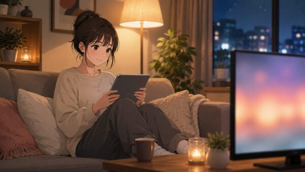 夜のリビングでタブレットを使い韓国ドラマの配信先を探す日本人女性