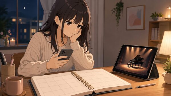 スマートフォンと予定表でドラマの放送日程を確認する日本人女性