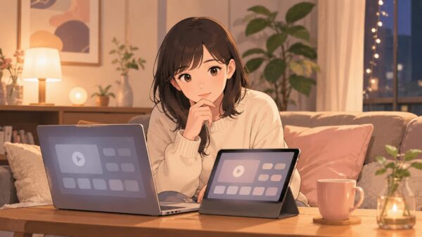 ノートパソコンとタブレットで韓国映画の配信先を調べる若い女性