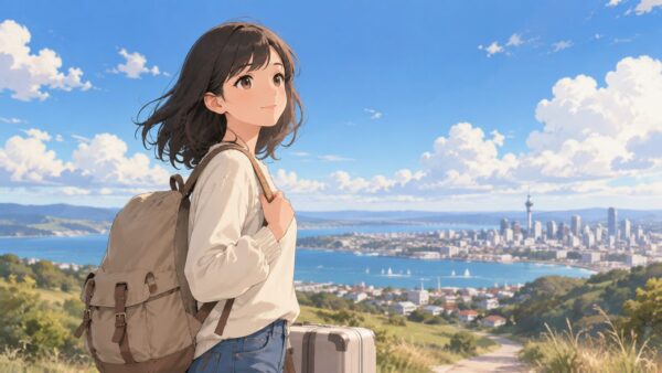 青空と海沿いの街を望み荷物を持って新生活へ向かう女性