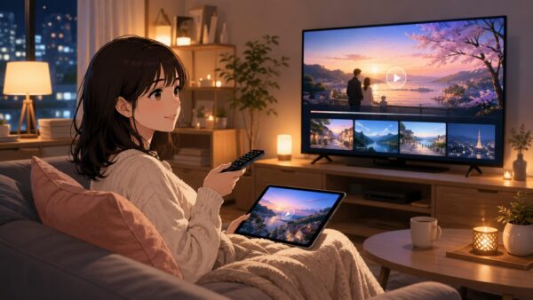 夜のリビングでテレビの動画配信画面を選ぶ日本人女性のイラスト