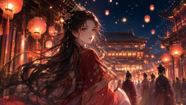 中国ドラマ忘塵月で元宵節の宮廷街に立つ沈嘉月のアニメ画像